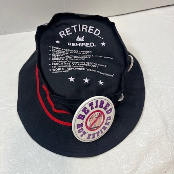 VTG Black "Retired but Rehired" Black Retirement Cotton Pail Hat 7 Pins XL - Picture 4 of 10